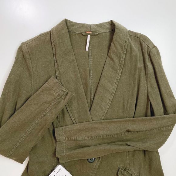 Free People Linen Blazer Shawl Collar Button Front Moss Khaki Green S NWT - Picture 3 of 10